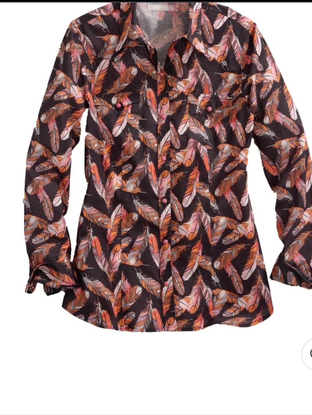 Tin Haul Black Button-Down Shirt with Orange & Pink Feather Print